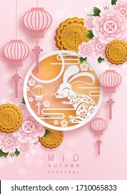 Mid Autumn festival with rabbit and moon, mooncake ,flower,chinese lanterns with gold paper cut style on color Background. ( Chinese Translation : Mid Autumn festival )
