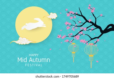 Mid autumn festival with rabbit, moon, and cherry blossom in paper cut style.