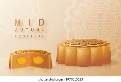 Mid Autumn festival with rabbit and moon, mooncake ,flower,chinese lanterns with gold paper cut style on color Background. ( Chinese Translation : Mid Autumn festival )