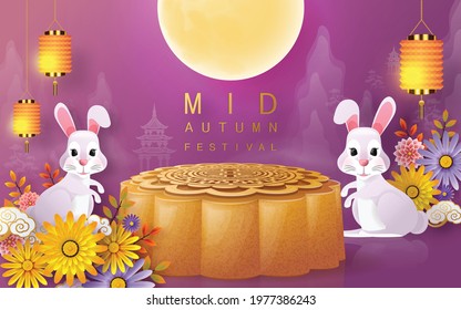 Mid Autumn festival with rabbit and moon, mooncake ,flower,chinese lanterns with gold paper cut style on color Background. ( Chinese Translation : Mid Autumn festival )