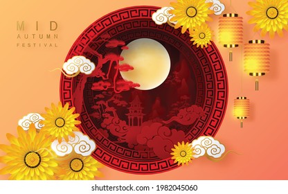 Mid Autumn festival with rabbit and moon, mooncake ,flower,chinese lanterns with gold paper cut style on color Background. ( Chinese Translation : Mid Autumn festival )