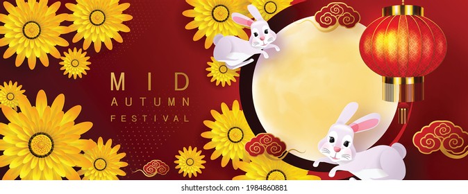 Mid Autumn festival with rabbit and moon, mooncake ,flower,chinese lanterns with gold paper cut style on color Background. ( Chinese Translation : Mid Autumn festival )