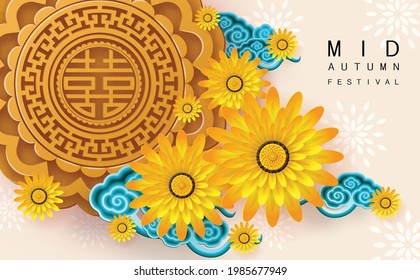 Mid Mid Autumn festival with rabbit and moon, mooncake ,flower,chinese lanterns with gold paper cut style on color Background. ( Chinese Translation : Mid Autumn festival ) festival 
