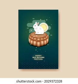Mid Autumn festival with rabbit and moon, mooncake on color pattern Background.