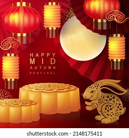 Mid Autumn festival with rabbit and moon, mooncake ,flower,chinese lanterns with gold paper cut style on color Background. ( Chinese Translation : Mid Autumn festival )