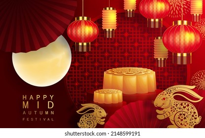 Mid Autumn festival with rabbit and moon, mooncake ,flower,chinese lanterns with gold paper cut style on color Background. ( Chinese Translation : Mid Autumn festival )