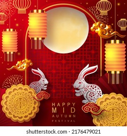Mid Autumn festival with rabbit and moon, mooncake ,flower,chinese lanterns with gold paper cut style on color Background. ( Chinese Translation : Mid Autumn festival )
