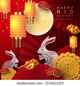 Mid Autumn festival with rabbit and moon, mooncake ,flower,chinese lanterns with gold paper cut style on color Background. ( Chinese Translation : Mid Autumn festival )
