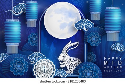 Mid Autumn festival with rabbit and moon, mooncake ,flower,chinese lanterns with gold paper cut style on color Background. ( Chinese Translation : Mid Autumn festival )