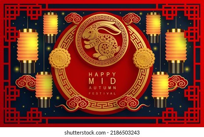Mid Autumn festival with rabbit and moon, mooncake ,flower,chinese lanterns with gold paper cut style on color Background. ( Chinese Translation : Mid Autumn festival )
