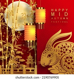 Mid Autumn festival with rabbit and moon, mooncake ,flower,chinese lanterns with gold paper cut style on color Background. ( Chinese Translation : Mid Autumn festival )