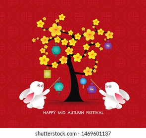 Mid autumn festival rabbit playing with lanterns. Happy greeting card