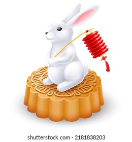 Mid Autumn Festival, Rabbit sitting on mooncake and holding red paper lantern. Vector 3d illustration