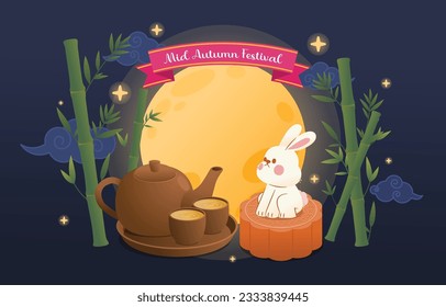 Mid Autumn Festival: Rabbit Sitting on Moon Cake In Fullmoon Night,  Illustration, Vector