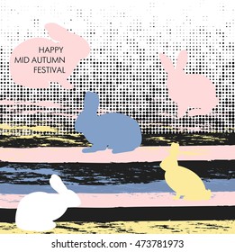 Mid autumn festival , rabbits , abstract elements. Chinese translate:Mid Autumn Festival.Set of sweet Happy rabbit illustration.