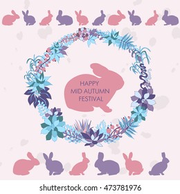 Mid autumn festival , rabbits , abstract elements. Chinese translate:Mid Autumn Festival.Set of sweet Happy rabbit illustration.