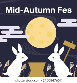 Mid autumn festival. Rabbits and full moon. Vector illustration.