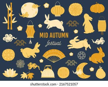 Mid autumn festival rabbits. Lotus mooncake, asian moon with clouds and gold rabbit vector Illustration set. Happy Chinese celebration with lantern, fan, bamboo, oriental style design