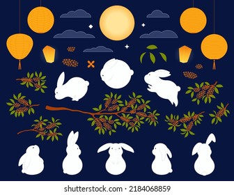 Mid Autumn Festival rabbits  osmanthus  moon  lanterns  clouds design elements set  isolated  Hand drawn vector illustration  Flat style  Traditional Asian holiday clipart  for card  poster  banner