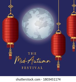 Mid autumn festival with red lanterns moon and stars design, Oriental chinese and celebration theme Vector illustration