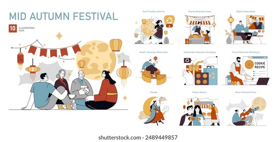 Mid Autumn Festival set. Celebrations, traditional customs, and modern practices. Family gatherings, mooncakes, and charity events. Vector illustration.