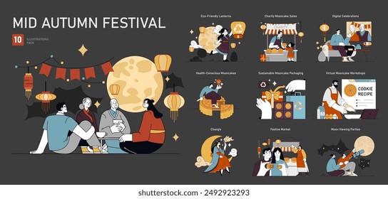 Mid Autumn Festival set. The cultural celebration of family, charity, and sustainability. Mooncakes, lanterns, and virtual gatherings. Vector illustration.