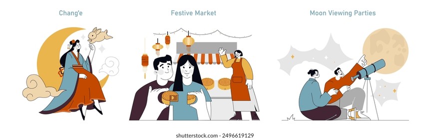 Mid Autumn Festival set. Mythical Chang'e, bustling festive market, and traditional moon viewing parties. Celebratory scenes of cultural heritage. Vector illustration.