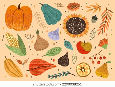 Festival de mediados de otoño. Conjunto de calcomanías con verduras, frutas y bayas. Elementos orgánicos, agrícolas y deliciosos. Octubre, cosecha y concepto de vacaciones. Ilustración de vector plano dibujada a mano