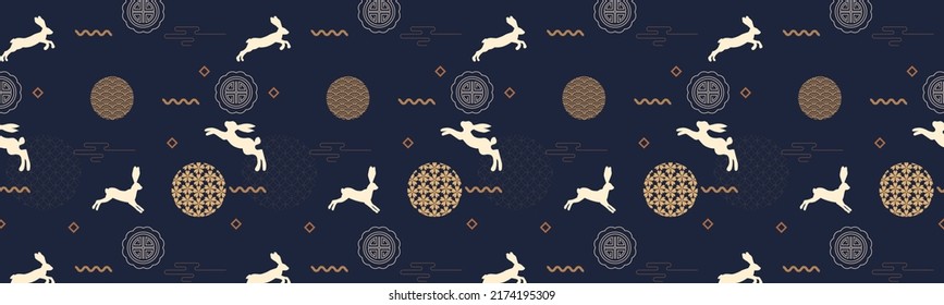 Mid autumn festival square banner with traditional patterns, cute bunnies and asian elements on dark blue background. Seamless pattern. Vector illustration