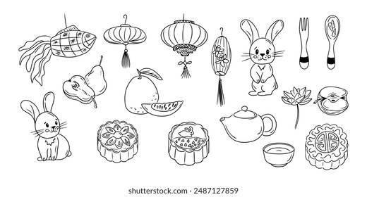 Mid autumn festival things doodle set. Monochrome vector contour stickers with moon cakes, fruits and and Chinees lanterns isolated oh white background. Sketchy drawing for Asian holiday.