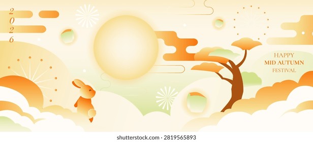 Mid Autumn Festival vector background wallpaper with orange jade rabbit, glowing full moon, stylized pine tree, fireworks, clouds and 2026 typography