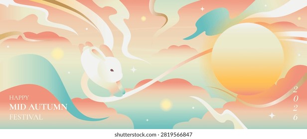 Mid Autumn Festival vector background wallpaper with white jade rabbit, glowing full moon, flowing ribbons, abstract mountains, clouds and pastel gradient sky