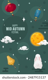 Mid Autumn festival vector card. Chinese culture elements and text Happy Mid-Autumn Festival on green background for greeting or social media posts