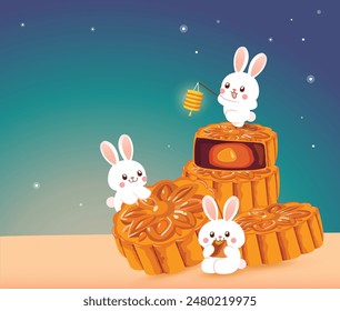 Mid Autumn Festival vector design. Group of adorable rabbits carrying lanterns and enjoy moon cake on the night of the full moon. 
