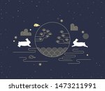 Mid autumn festival vector illustration with Korean traditional pattern and rabbits.