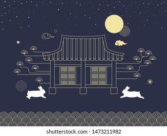 Mid autumn festival vector illustration with Korean traditional house and rabbits.