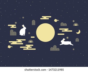 Mid autumn festival vector illustration with full moon and rabbits.