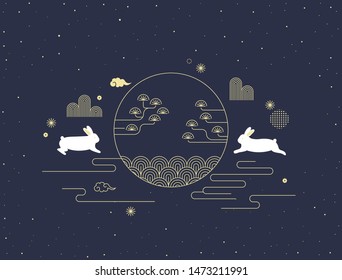 Mid autumn festival vector illustration with Korean traditional pattern and rabbits.