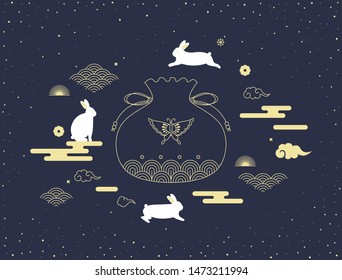 Mid autumn festival vector illustration with lucky pocket and rabbits.