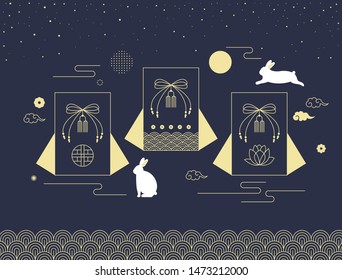 Mid autumn festival vector illustration with lucky pocket and rabbits.