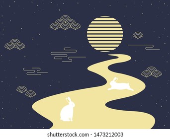 Mid autumn festival vector illustration with full moon and rabbits.