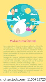 Mid autumn festival vector informative poster with thematical clip art. Mythical moon rabbit on hill covered with greenery, and chinese flying lantern