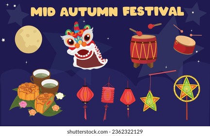 Conjunto de vectores de festival de mediados de otoño. 
Imagen de un clip del festival lunar. Tambor, linterna de estrellas, linterna, danza del león, torta de luna, taza de té. Juguete para niños veitnamitas en el festival de mediados de otoño. Vector plano al estilo de las caricaturas.