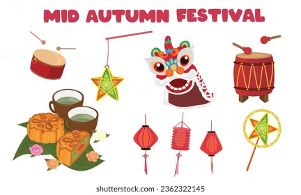 Conjunto de vectores de festival de mediados de otoño. 
Imagen de un clip del festival lunar. Tambor, linterna de estrellas, linterna, danza del león, torta de luna, taza de té. Juguete para niños veitnamitas en el festival de mediados de otoño. Vector plano al estilo de las caricaturas.