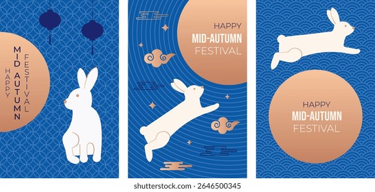 Mid Autumn Festival vertical postcard set with white rabbits, traditional Chinese patterns and golden moon – festive vector illustration for greeting cards, posters and social media