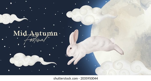 Mid Autumn Festival in watercolor art style. Lovely rabbit and clouds elements