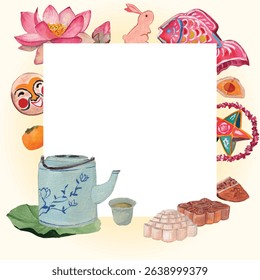 Mid Autumn festival watercolor background. Tea pots, mooncakes, lanterns, fruits, lotus flower and persimmon watercolor elements. Square with gradient background. 