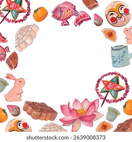 Mid Autumn festival watercolor background. Mooncakes, lanterns, persimmons, lotus flower watercolor elements. Oriental culture theme. Moon festival card template. Circle frame. 