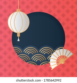 mid autumn festival with waves in circular frame and lanterns vector illustration design