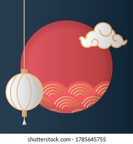 mid autumn festival with waves in circular frame and lanterns vector illustration design